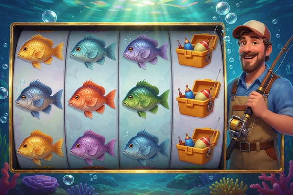 Slot-Bildschirm mit Angel-Thema, Fischen und Angler - Big Bass Bonanza bei Millioner Casino