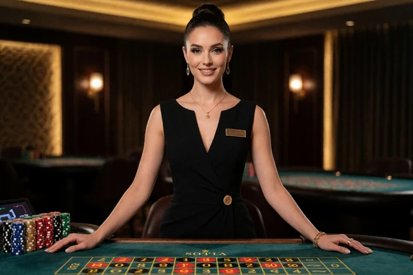 Elegante Live-Dealerin am Roulette-Tisch im Millioner Casino Live Casino