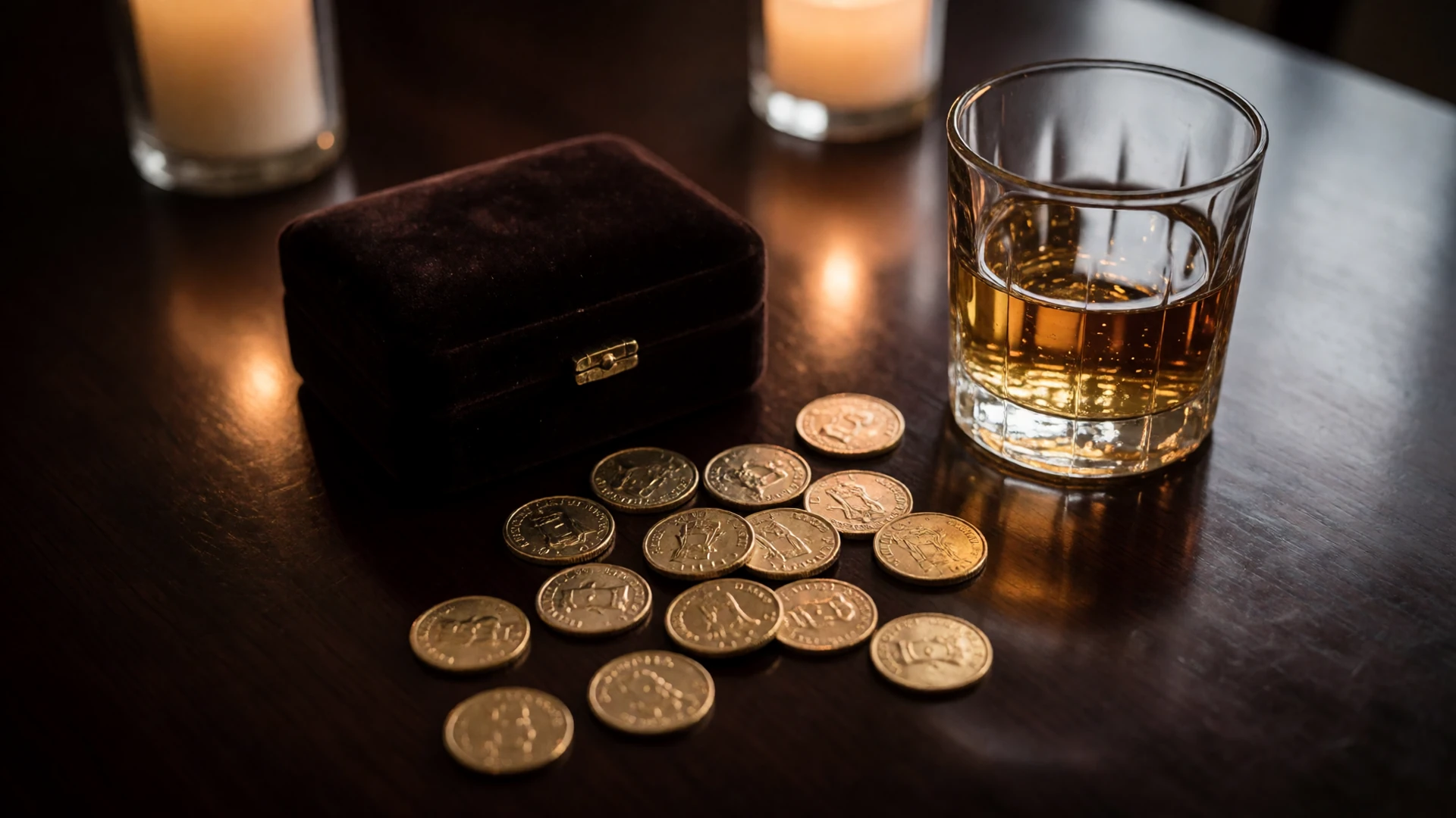 Dunkler Mahagoni-Tisch mit Goldm&uuml;nzen, Samt-Schmuckk&auml;stchen und Whiskeyglas - Millioner Casino Bonus