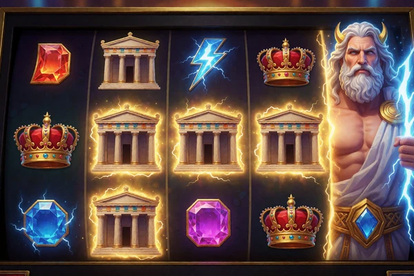 Leuchtender Slot-Bildschirm mit griechischen Tempelsymbolen und Zeus - Gates of Olympus bei Millioner Casino