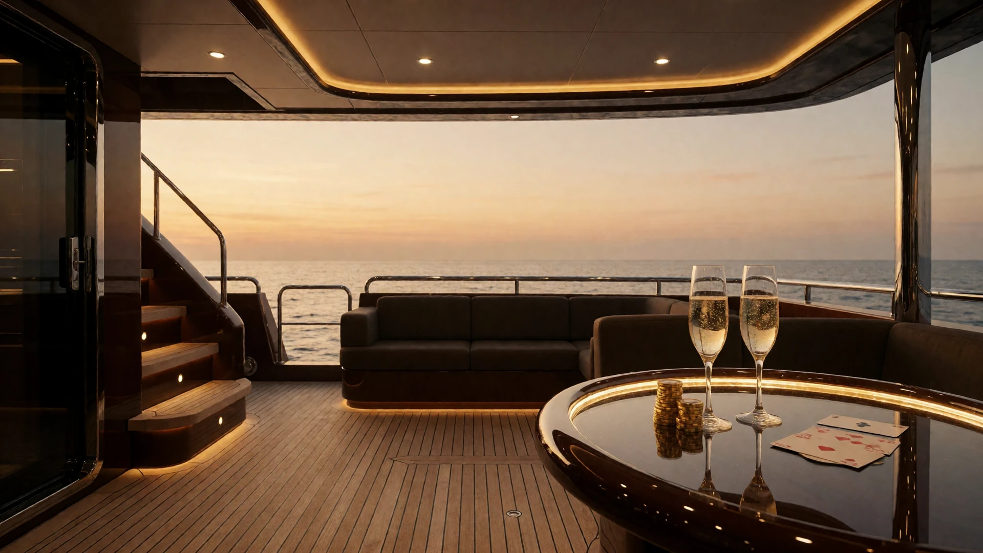 Luxuri&ouml;ses Yacht-Deck in der Abendd&auml;mmerung mit Champagnergl&auml;sern und goldenen Casino-Chips - Millioner Casino VIP