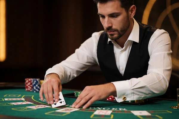 Live-Dealer teilt Karten am Blackjack-Tisch aus - Game Shows und Tischspiele bei Millioner Casino