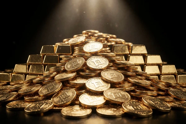 Riesiger Haufen gl&auml;nzender Goldm&uuml;nzen und Goldbarren im Spotlicht - Jackpot-Gewinne bei Millioner Casino