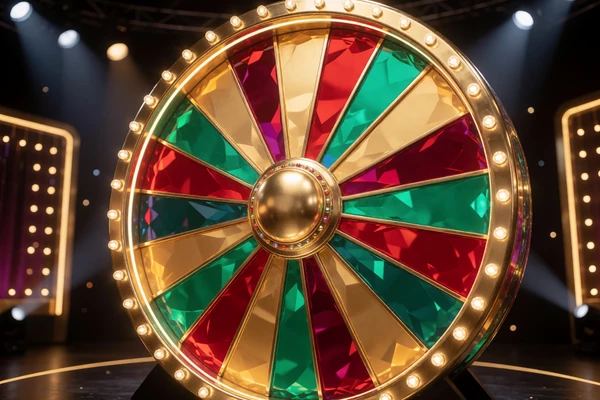Buntes &uuml;berdimensioniertes Gl&uuml;cksrad im TV-Studio - Live Game Shows bei Millioner Casino
