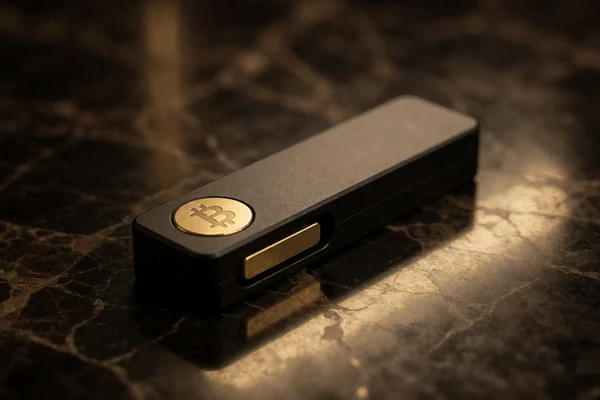 Krypto-Hardware-Wallet auf dunklem Marmor mit goldenen Reflexen - Krypto-Bonus bei Millioner Casino