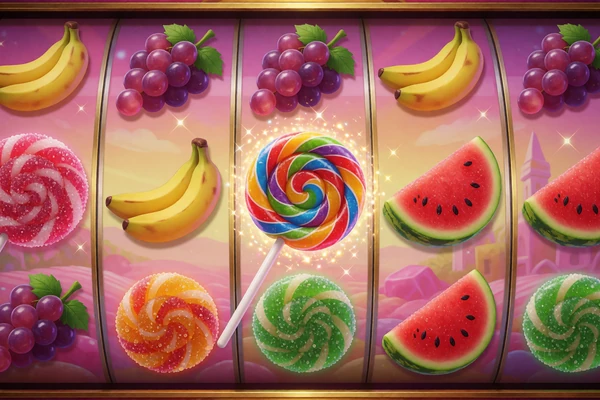 Slot-Bildschirm mit bunten Bonbons, Lollis und Fr&uuml;chten - Sweet Bonanza bei Millioner Casino
